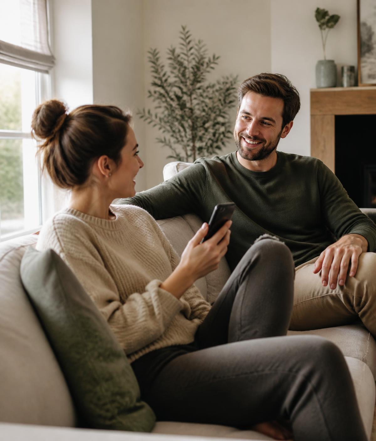 A couple relaxing at home on the sofa, looking at their household bills on a phone together